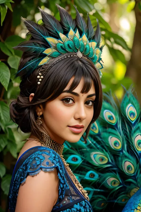 Hansika Motwani is a peafowl, she is real peafowl Bird. Mutant peafowl. peafowl transformation. peafowl body with  female head. She is a bird. Real bird. Head with bird body. Create this beautiful creature. Real face. realistic head replace with peafowl he...