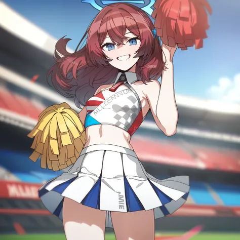 1girl, erere, absurdres, official art, absurdres, blue archive, iroha (blue archive), alternate costume, black eyes, blue halo, blue sky, blurry, breasts, cheerleader, depth of field, grin, halo, hand up, holding, holding pom poms, long hair, looking at vi...