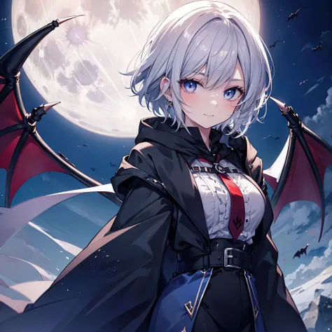 ((((vampire inflammation)))) (((Gray Hair short hair blue eyes woman Center close-up))),((night full moon My own big wings Town)),(Wearing a hood Black camisole Purple light Wearing a cloak), Creepy Smile Showing teeth Shining Background Shining Edges