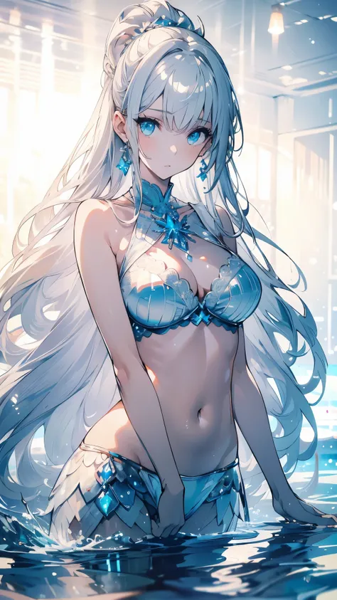 ((masterpiece, best quality)), Delicate face，silver white， seabed，Mermaid，Scales，whole body，Standing picture，Large Breasts，Gradient double ponytail，Perfect body proportions，beautiful eyes，Extremely beautiful，transparent，Pure white background，Water Ripples，...