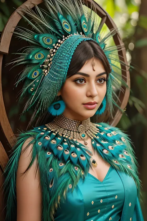 Hansika Motwani is a peafowl, she is real peafowl Bird. Mutant peafowl. peafowl transformation. peafowl body with  female head. She is a bird. Real bird. Head with bird body. Create this beautiful creature or bird.