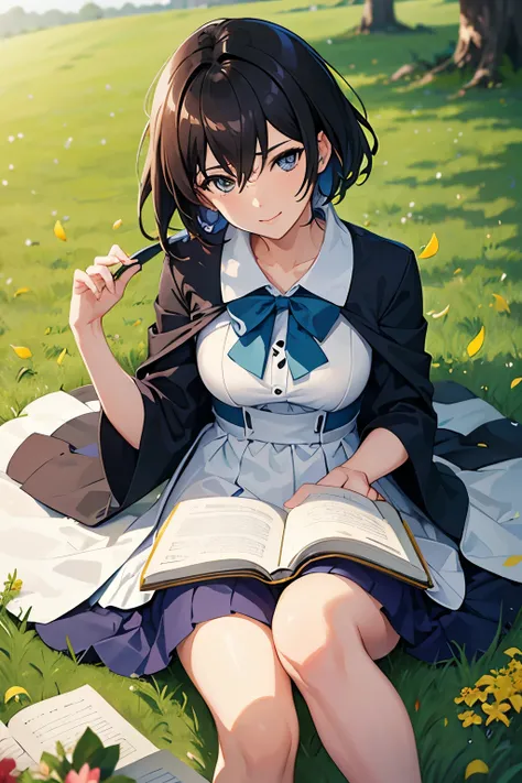 lawn，breeze，Take a rest under a big tree，A beautiful girl reading a book，Wind blowing leaves，Surrounding meadows，windy，Facial details，Read a book and smile，Flip hair，high resolution，high quality，High Detail，high noise，Fine details，8K，Describe every detail，...