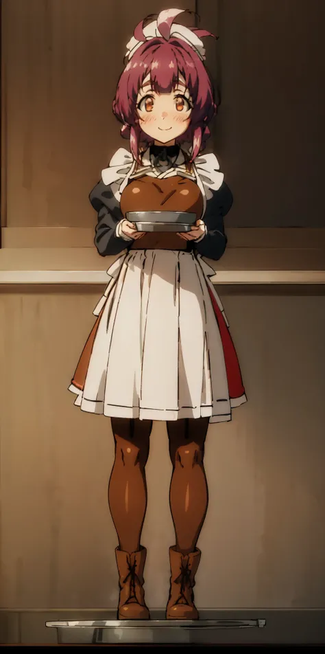 far shot view from below full body standing straight symmetrical, lustful smirking smile face red blush red cheeks, looking at viewer, holding tray, braid, maid headdress, maid, dress, apron, long sleeves, brown pantyhose, long leather militar boots, thigh...