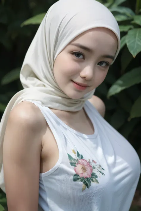 Jumbo (Singlet), Chubby adorable, 1 girl, (face to face), 10 years old, baby face, happy, half body portrait, (face details: 1), (eye details: 1), ((big breasts)). wearing transparent transparency soft soft long shirt, hijab, .. Cute posed. proportional bo...