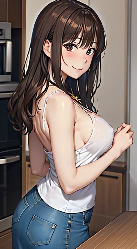 ((Tabletop, Highest quality, High resolution, , Pixel Perfect, 4K,))), 1 female, 、The whole body is visible、 ((Long Wavy Hair, bangs, Brown Hair)), ((Brown eyes, Beautiful eyelashes, Realistic eyes)), ((Detailed face, Blushing:1.2)), ((Smooth texture:0.75,...