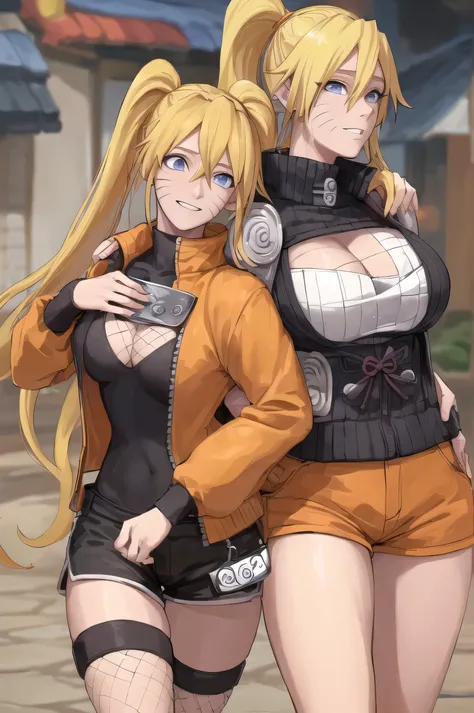 (NarukoUzumaki:1.2), walking, (tan skin:1.1), (twintails:1.1), (fit:0.8), ( female:1.1), (large breasts:1.1), wide hips, shorts, (cleavage:1.1), fishnets, happy, smile, embarrassed, (thigh holsters:1.1), (orange jacket:1.1), (forehead protector:1.15), in a...