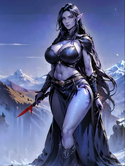 (masterpiece, top quality, best quality, official art, beautiful and aesthetic:1.2), (1girl:1.3), ((Sharp facial features, sharp features, hawkish features)), ((big hair, long elf ears, long black hair)), (((pale purple skin, pale blue skin, blue skin, pur...