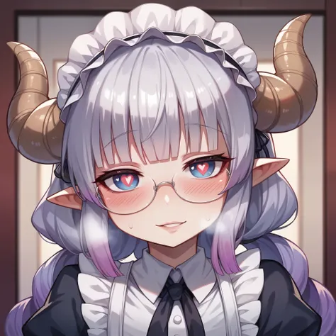 A half-dragon maid, hime cut, shiny hair, maid headdress, over-rim eyewear, dragon horns, heart-shaped pupils, pointy ears, blush, parted lips, seductive smile, heavy breathing, framed, tachi-e, stereogram, UHD, textured skin, masterpiece, highres, 16k, 10...