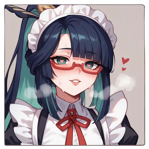 a female, hime cut, shiny hair, maid headdress, red over-rim eyewear, heart-shaped pupils,  blush, parted lips, seductive smile,...