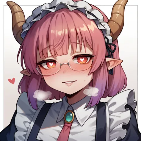 a half-dragon maid, hime cut, shiny hair, maid headdress, over-rim eyewear, dragon horns, heart-shaped pupils, pointy ears, blus...