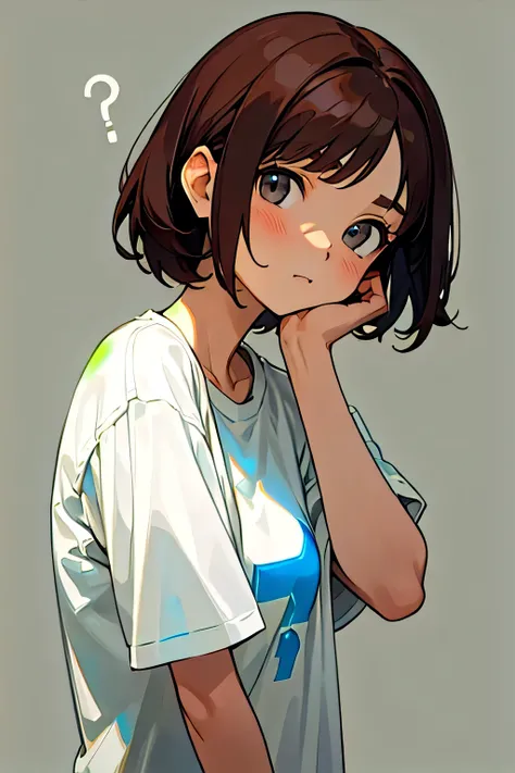 Woman in her 20s、Brown Hair、White T-shirt on the upper body、Bob hairstyle、Thinking face、Thinking about something、tilting your head、Question mark above headNo background、Background white