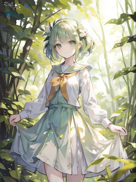 masterpiece，Highest quality，1 Girl，Light green hair，Green Eyes，A long white skirt，in the forest，leaf，Sunlight