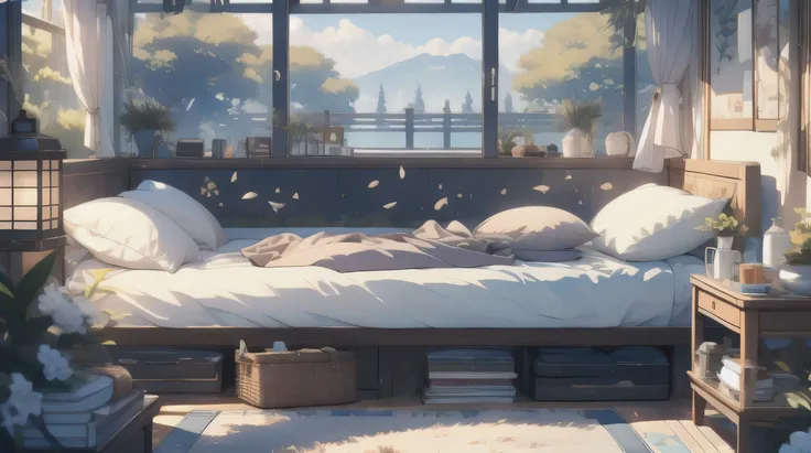 absurdres, uhd, 5k, best quality, full body, 1boy, ((solo)), alone, charlemagne(fate), charlemagne, blue eyes, black hair, multicolored hair, two-tone hair, laying down, sleeping, eyes closed, in a cozy japanese bedroom, on a bed, with fluffy pillows, sur...