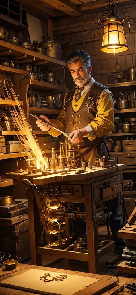 Create a creative and imaginative image of a master craftsman wearing yellow work clothes and proficiently using various tools. Set him in an unconventional and fantastical workshop, such as a steampunk-inspired studio with intricate gears and mechanical w...