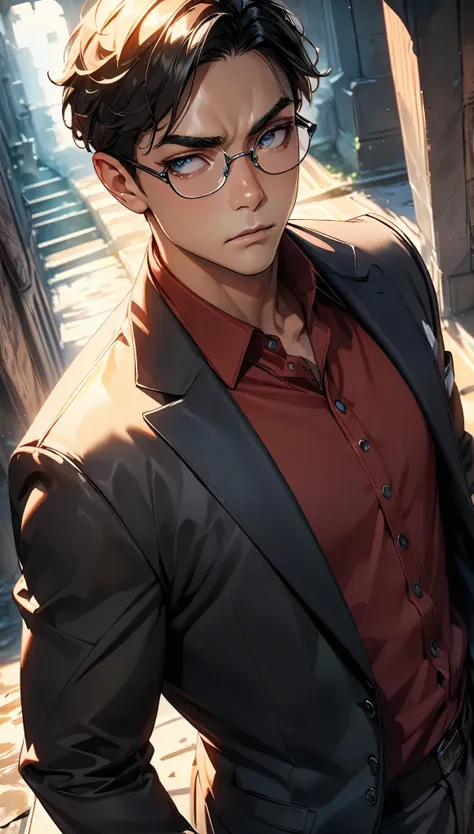 One Man, a handsome guy, Man wearing glasses, Close-up shot, Detailed facial features, Beautiful Eyes, Sharp jaw line, Intense gaze, Serious expression, Random Action, Dutch Angle, Cowboy Shot, Dramatic lighting, Cinematic atmosphere, Bright colors, Chiaro...