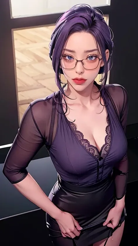 girl with purple hair and eyes wearing grey shirt and tight skirt, glasses, portrait, intricate facial details, looking at the a...