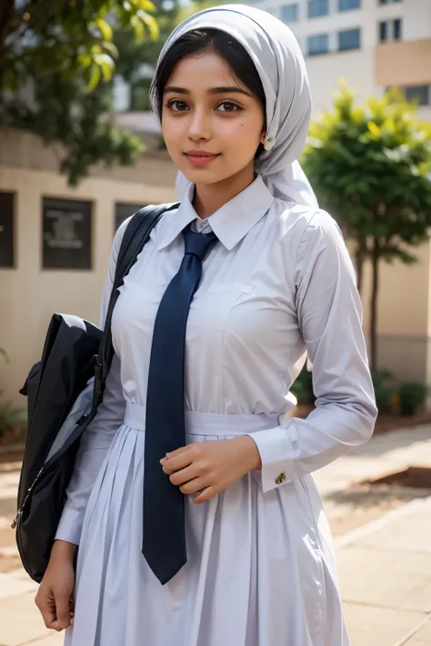 beautiful cute hijabi school girl  , wearing white frock and tie, looking happy at the school . realistic, hyper realistic