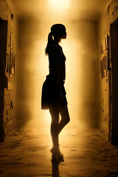 (masterpiece, best quality, 1girl, standing, dark space, light streaming from background, silhouette, dramatic lighting), (((真っ黒...