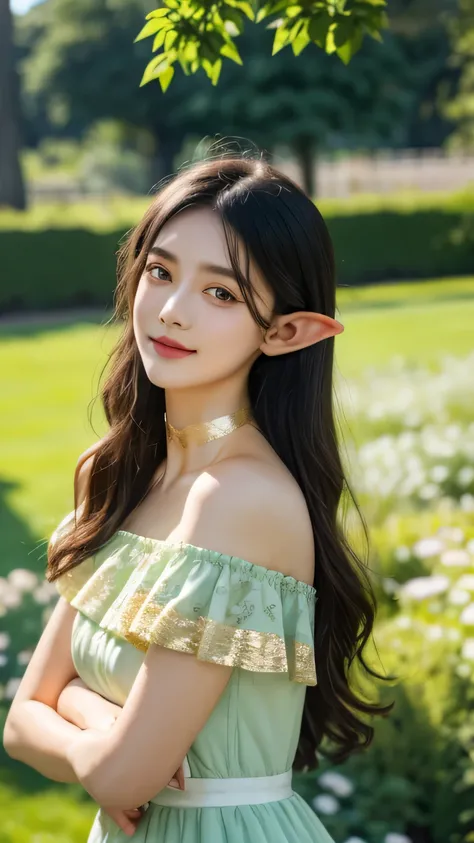 ((best quality)), ((masterpiece)), (detailed), perfect face, elf, black hair, long hair, gold eyes, dress, garden, happy, sunny, green grass, lawn, lace choker, romantic, soft smile, looking at viewer, portrait, ribbons