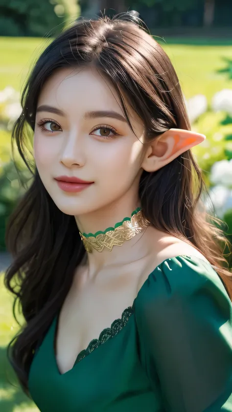 ((best quality)), ((masterpiece)), (detailed), perfect face, elf, black hair, long hair, gold eyes, dress, garden, happy, sunny, green grass, lawn, lace choker, romantic, soft smile, looking at viewer, portrait, ribbons