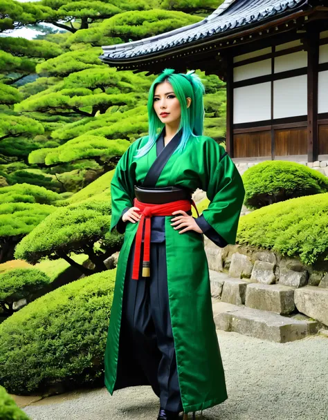 A woman with green hair, dressed in a traditional samurai outfit, standing in a historical Japanese castle.