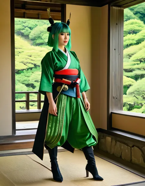 A woman with green hair, dressed in a traditional samurai outfit, standing in a historical Japanese castle.