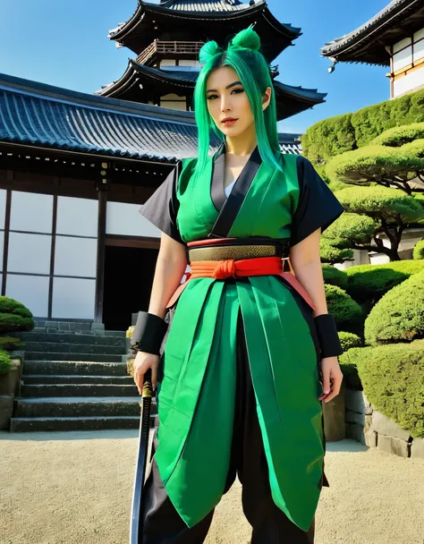 A woman with green hair, dressed in a traditional samurai outfit, standing in a historical Japanese castle.