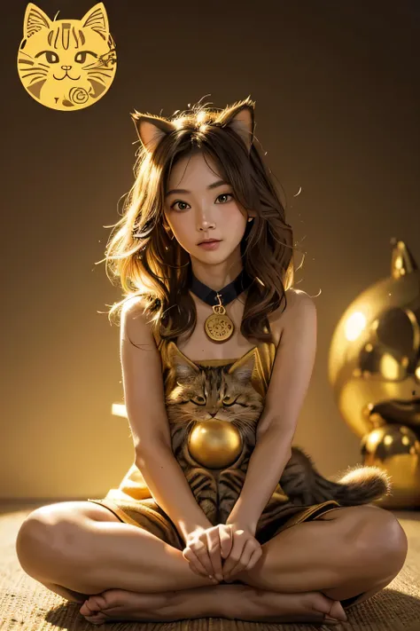 Create an image of a cute, golden Maneki-neko (beckoning cat) character. The cat should have shiny, golden fur and a welcoming expression with large, friendly eyes. One paw should be raised, and the other should hold a small, golden coin. The cat should be...