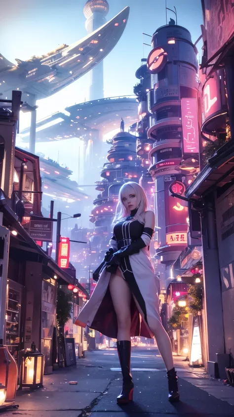 a woman standing in front of a futuristic city, cgsociety 9, futuristic city backgrond, in fantasy sci - fi city, cinematic. futurism, futuristic. game cg, otherwordly futuristic city, futuristic city in background, futuristic art style, futuristic sci-fi,...