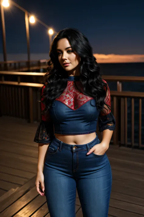 woman, long curly black hair, red lace top, blue denim pants, wide hips, thick legs, looking at the camera, at night, on a boardwalk with an ocean view, photorealistic