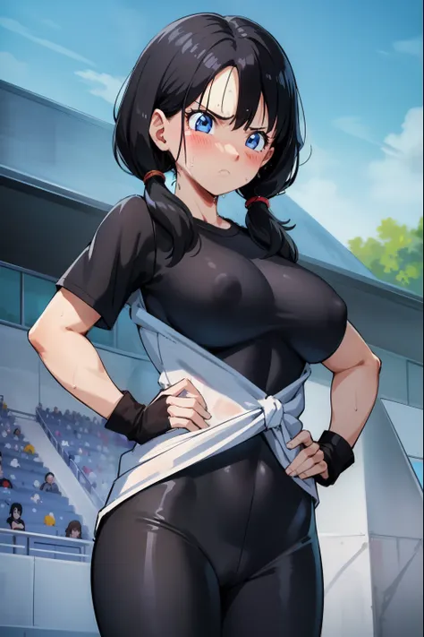 masterpiece, highest quality,High resolution,girl,saw 2, blue eyes, black hair, Low twintails and short cut, big breasts, frown,girl1名, Black tight suit,streak,view audience,put your hand on your waist,blush,Sweat