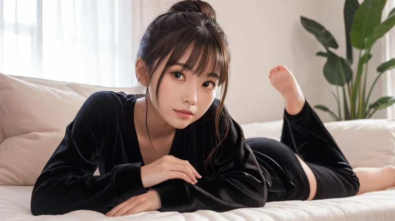 Produce the highest quality and highest resolution 8K images。Please draw the whole body of a 20 year old Japanese woman.。Please draw an image of you relaxing in your room wearing long-sleeved black pajamas.。She has brown eyes and a model figure.、She has an...