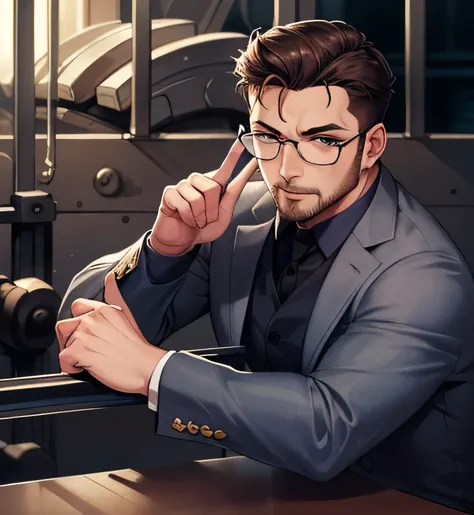 (masterpiece, best quality, detailed background),(perfect face),(Wearing Glasses/wear glasses/Wearing glasses:1.3),(action moving of steel putting on glasses:1.2),(perfect design finger 5:1.2),factory line,dandy gentleman face,muscle metal robot face,waist...