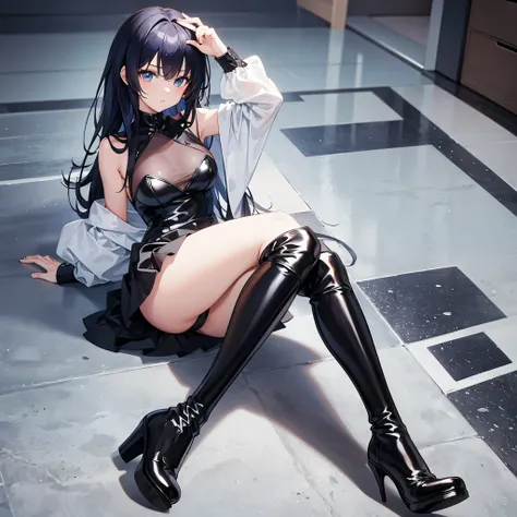 anime girl, high heel boots, leg posing, floor close up view only