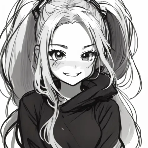 (nsfw) not safe for work, a drawing of one with long hair and a ponytail, [[[[grinning wickedly]]]], sketchy art style, in anime style, she has a cute and expressive face, small  , anime sketch, , flat anime style shading, anime style portrait, anime portr...