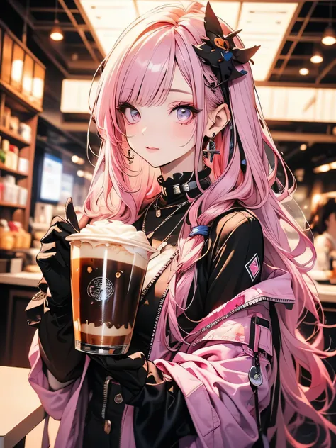 Futuristic Girl,  Purple eyes, space, Pink Hair, Long Hair,  Futuristic Coffee Shop,One girl,Beautiful attention to detail, Detailed face, cute,