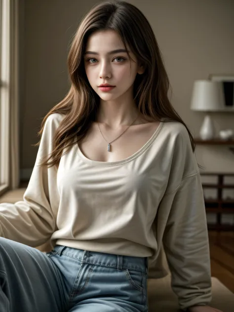 (Masterpiece, best quality, award winning, photorealistic : 1.2), 1 gorgeous young pretty girl, slim body shape, lip gloss, delicate beautiful face, (wearing oversize long-sleeve sweatshirt, loose flared pants, pendant), in minimal living room, soft light.