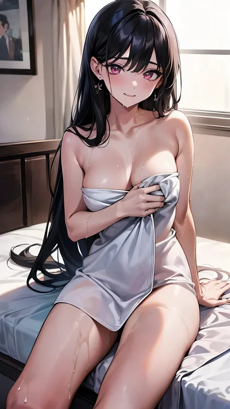 (best quality:1.1), (Masterpiece:1.2), hot lady, long hair, black hair, Hair bow, ถักเปีย, pink eyes, ((beautiful breasts:1.3)),  beautiful, cute, Bright face, Good mood, ((wet towel)), ((horny, veginal, spread leg)), ปากอมชมพู, อ้าปาก, ((เขินอาย,หน้าแดงแป...