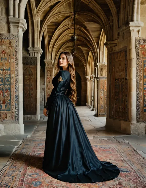 A woman with long brown hair, dressed in a black medieval dress, standing in a grand castle with tall, stone walls and tapestries.