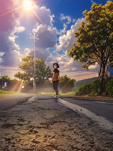 There is an 18-year-old girl wearing headphones on the street., Standing on the road, Standing Bravely on the Road, On the road, sunny dayに, sunny day, God rays background, Standing on street, full body portrait, Lens flare photoreal, standing on a hill, S...