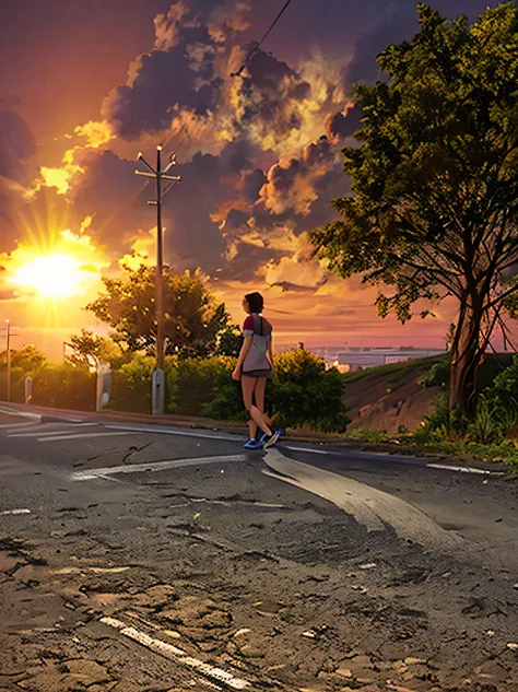 There is an 18-year-old girl wearing headphones on the street., Standing on the road, Standing Bravely on the Road, On the road, sunny dayに, sunny day, God rays background, Standing on street, full body portrait, Lens flare photoreal, standing on a hill, S...