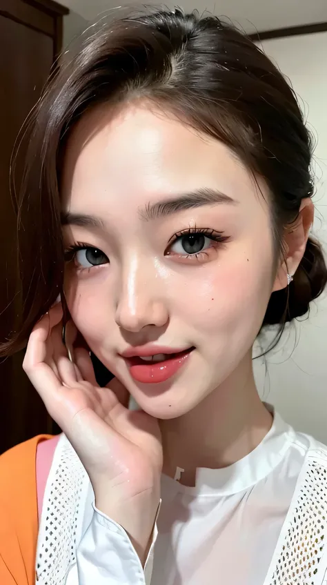 Japanese female one person. Fits your face. Age 25, Sharp jaw, RAW Photos, masterpiece, Highly detailed photos, Digital SLR, Photorealistic 3.9, Ultra-high resolution, Highest quality, Pink Lips, No makeup, big, Bright green eyes、Close-up of face、(Bobcut、F...