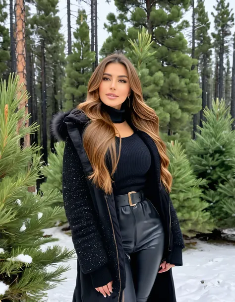 A woman with long brown hair, wearing a black winter outfit, standing in a snowy landscape with pine trees and a gentle snowfall.