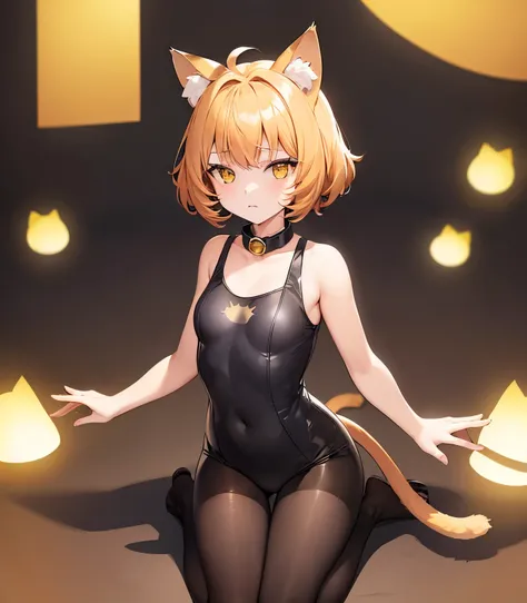 ((Full Body Tights)),((Yellow cat ears)),((((Cat&#39;s Tail)))),Cute little ,Tiny ,Small girl,,Childish face, Very fine clean face,Top quality, Big eyes,Straight Hair,Yellow hair,Crimson Eye,(Dark Room), Subtle light, Natural light,Soft lighting,Light from...