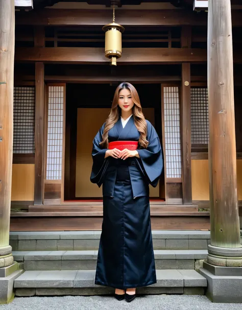 A woman with long brown hair, dressed in a black traditional kimono, standing in a historical Japanese temple.