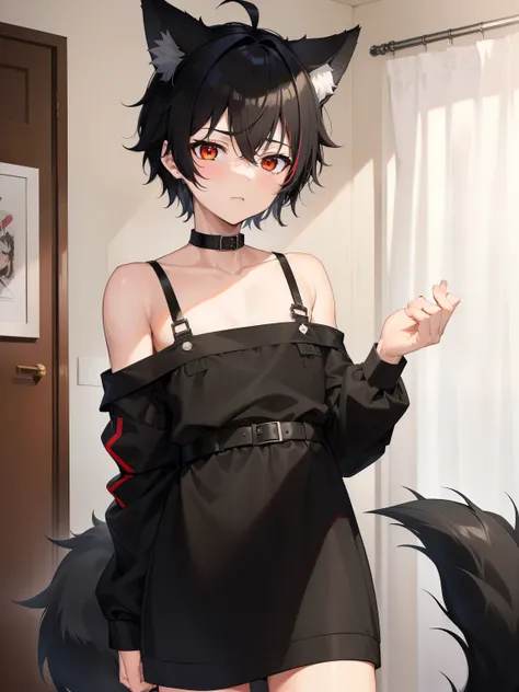 ((masterpiece, best quality, anime)),  ((19 year old Boy)), ((46ft)) cute, ((Black messy short hair)) Black  ,((Red eyes)), ((Black Really Fluffy Wolf tail)) ((1tail)) ((Black Wolf ears)), Cute expression, nurse outfot