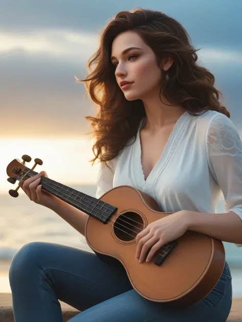 score_9, score_8_On top of that, (1 person), artwork, Highest quality, High resolution, Close-up portrait,Japanese,Casual clothing with a white shirt,Wearing jeans, Longer hair styled in waves or curls,Holding a ukulele,Greek God, Fantasy, League of Legend...