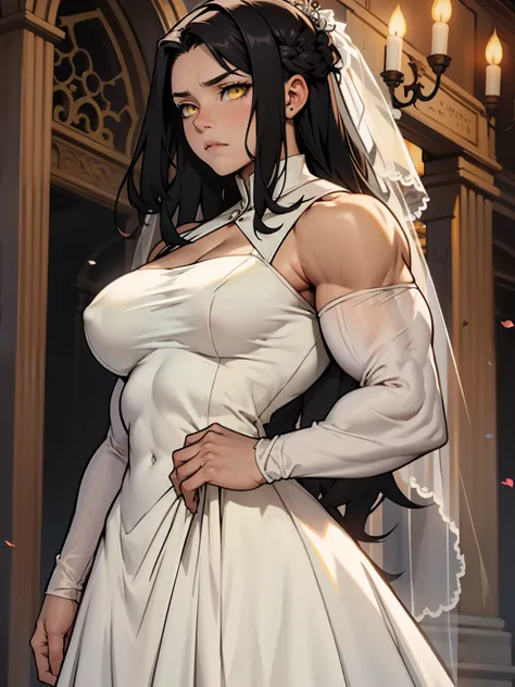 large breasts muscular toned body bodybuilder black hair pale skin yellow eyes skintight expressionless sad sad wedding dress wedding dress wedding dress solo