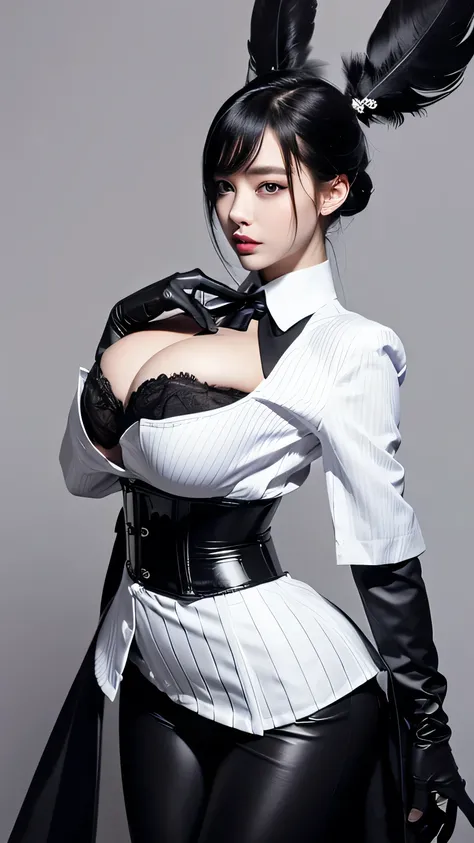 Beauty、She is wearing a white striped dress shirt and a black corset.、Not exposing breasts、Wearing a flashy coat of black feathers、Big Breasts、Wearing tight black pants、He has two red belt holders around his waist.、Wearing flashy sleeves and gloves、Gibson ...