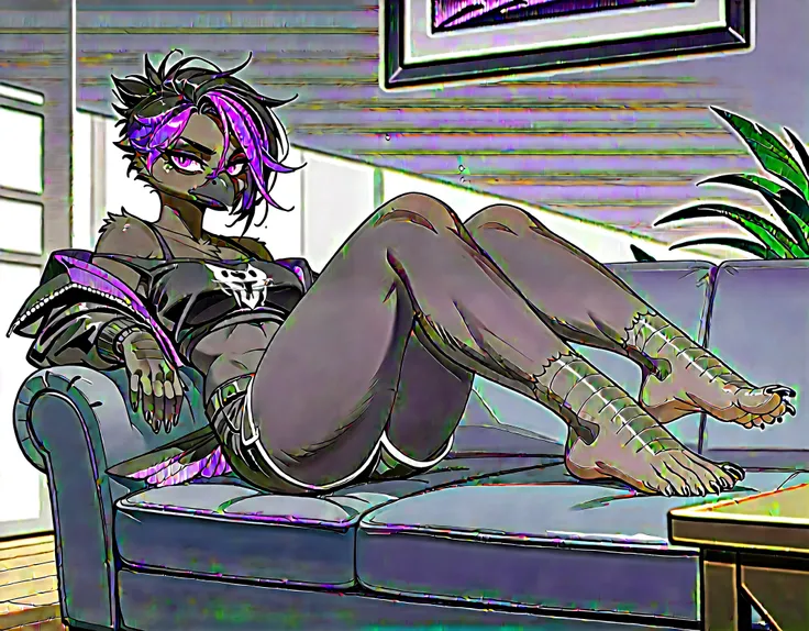 score_9, score_8_up, score_7_up, Sera, anthro avian girl, mature adult, all black feathered body, black hair with purple highlight, jitome, expressionless, purple eyes, eyes half open, wearing black emo top, exposed shoulder, black short shorts, hourglass ...